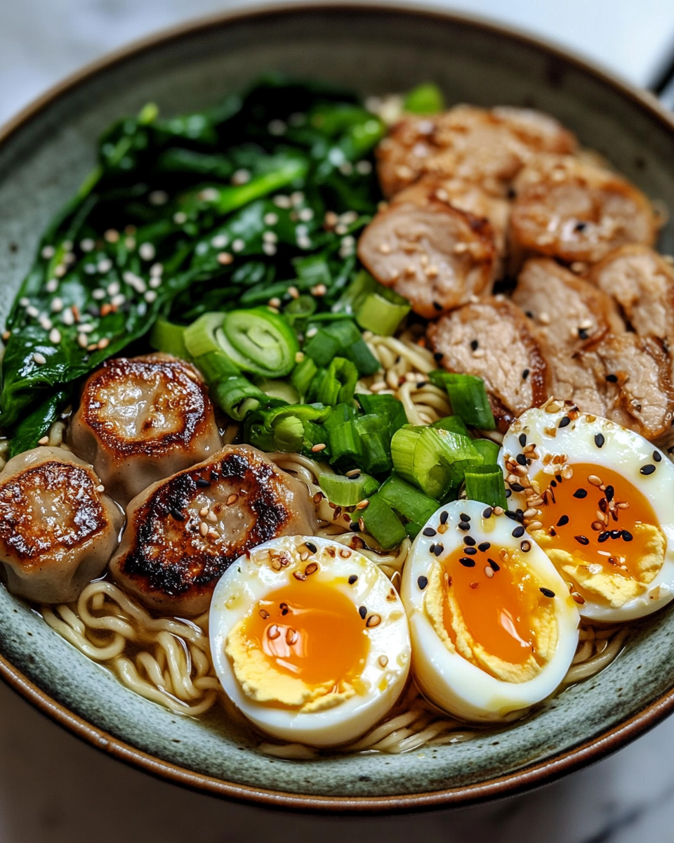 Ultimate Savory Dumpling Ramen Bowl with Soft Boiled Eggs and Fresh Greens Cozy Comfort Magic